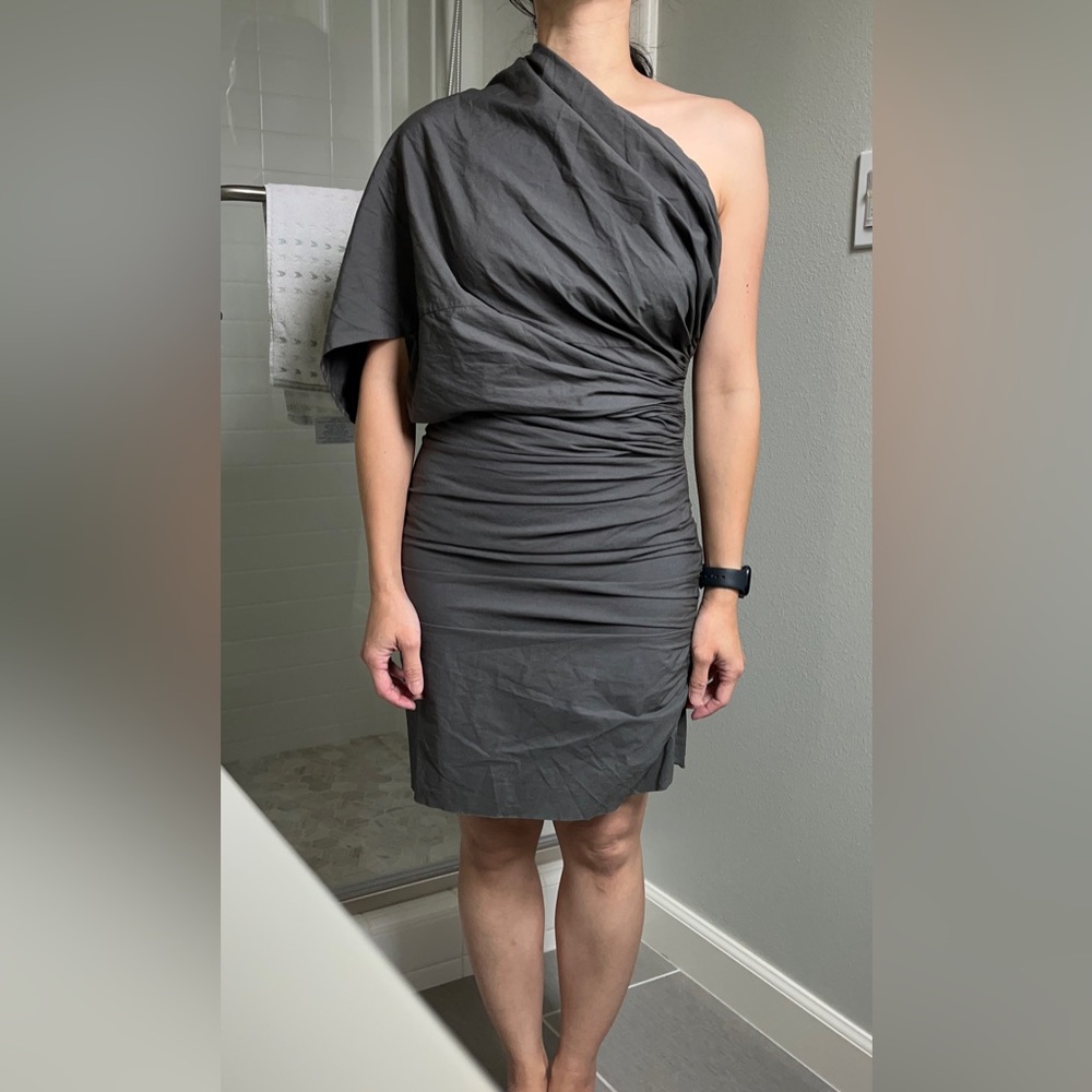NWT One shoulder grey dress with zipper detail, size 0/38